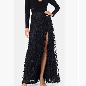 Xscape Black Floral Appliqué gown with Front Slit